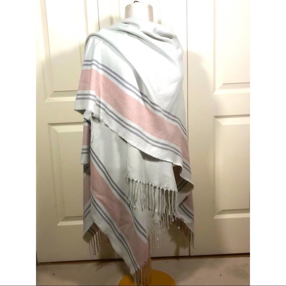 Siizu Blanket Cape Cream Mauve Stripe Fringed